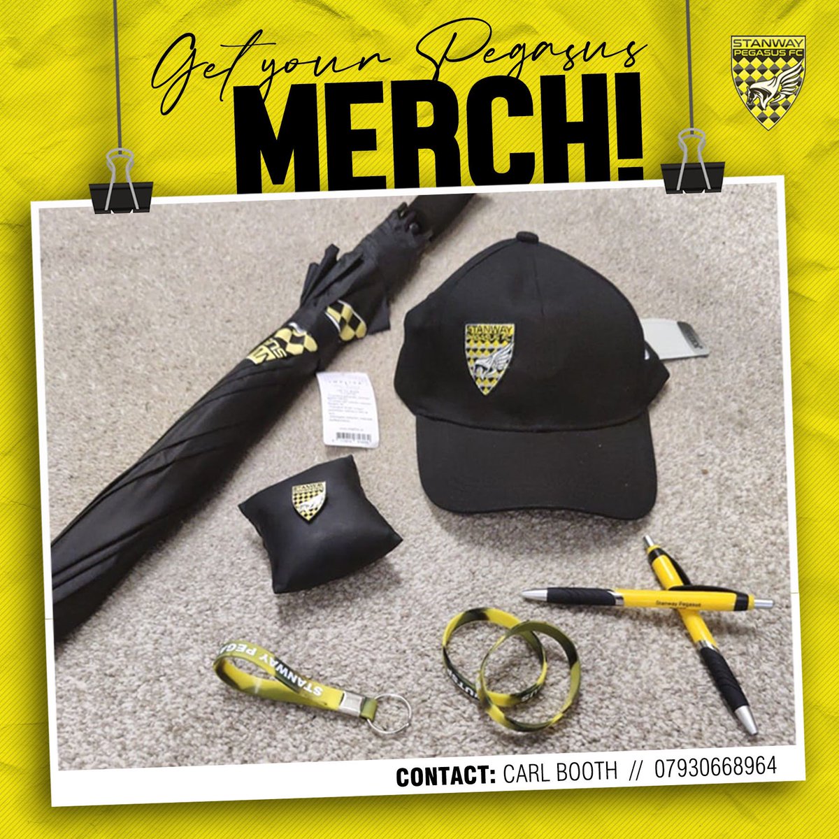 Stanway Pegasus FC (@stanwaypegasus) on Twitter photo 🟡⚫️▪️Get your hands on some Pegasus merchandise - from umbrellas to pin badges!
Get in touch with Carl for any orders…
Details on poster👇🏼 🟡⚫️▪️Get your hands on some Pegasus merchandise - from umbrellas to pin badges!
Get in touch with Carl for any orders…
Details on poster👇🏼