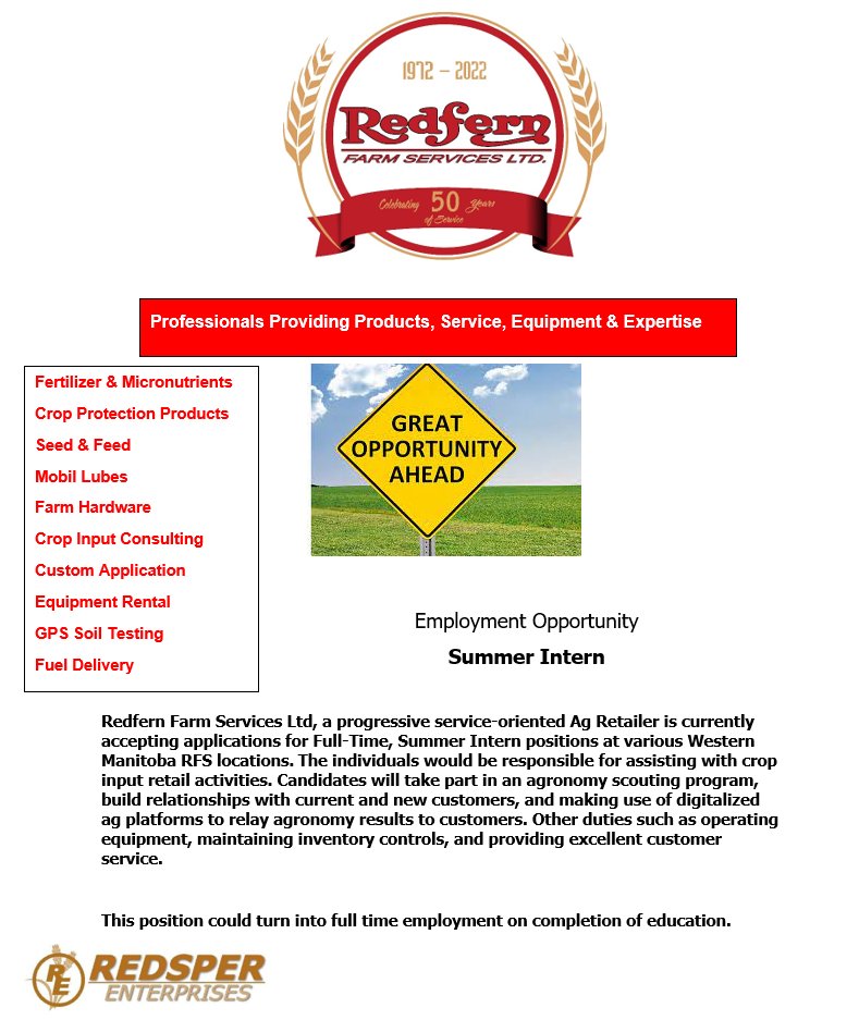 We're accepting applications for summer intern positions!

redferns.ca/careers

#Job #jobsearch #CdnAg