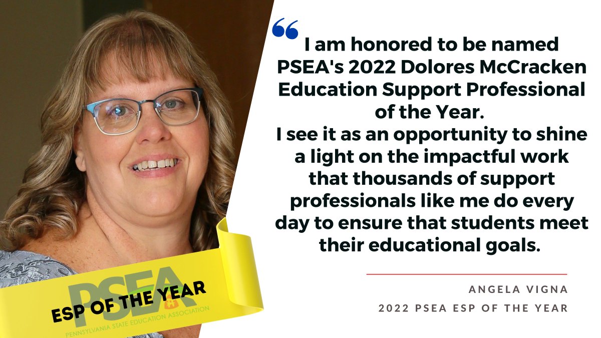 On #EducationSupportProfessionalsDay, PSEA congratulates Angela Vigna, a Leechburg Area paraprofessional who was recently named our 2022 Dolores McCracken Education Support Professional of the Year. We are #PSEAProud of Angela!

Read more ⤵️
psea.org/ESPoftheYear20…