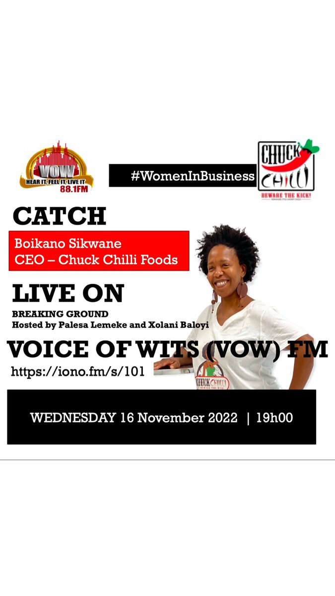 tshepisoman's tweet photo. Catch the CEO of your fave chillies at 7pm today on @vowfm on https://t.co/MS0KRywnFX taking about this ongoing and ever exciting journey in entreprenueurship. #vowfm #UJFINEX @jbs_ce #chuckchilli #bewarethekick #entrepreneursday https://t.co/mgCotXIm9A