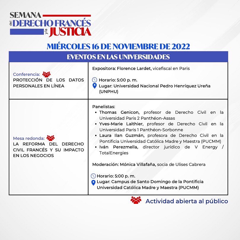 HenriCapitantRD's tweet photo. Por la SEMANA DEL DERECHO FRANCÉS Y LA JUSTICIA, el día de hoy también se celebrarán otras conferencias, seminarios, webinars y eventos culturales, en diferentes lugares de Santo Domingo. Desliza para ver más detalles. ¡No te lo pierdas! #associationhenricapitant https://t.co/mXqQJccFz0