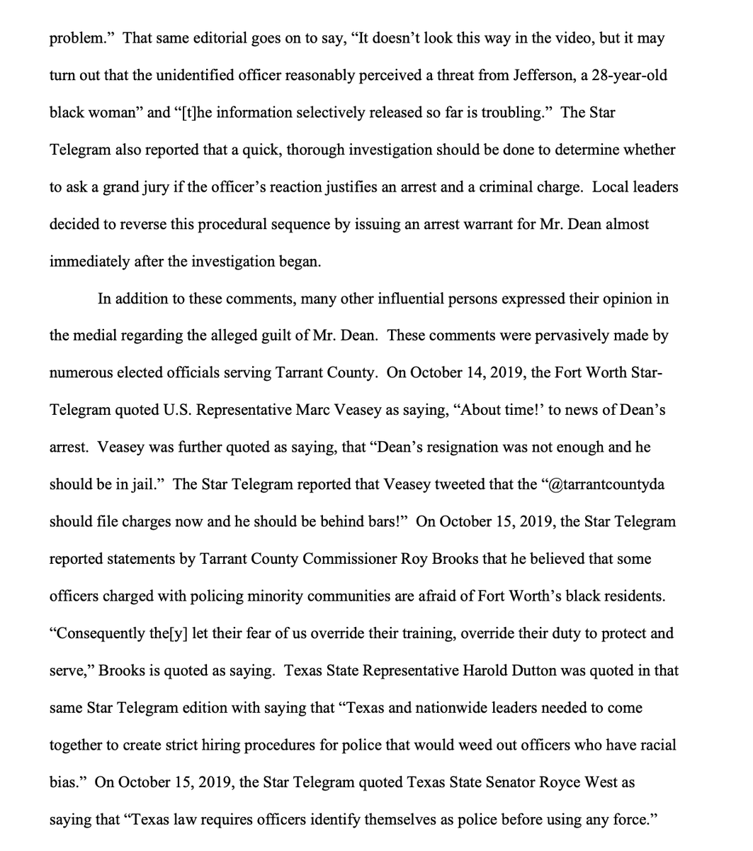 KaleyAJohnson's tweet photo. NEW: Attorneys for Aaron Dean, the ex-Fort Worth officer who fatally shot Atatiana Jefferson, file another change of venue motion.
Attorneys again ask murder trial be moved out of the county, this time saying "influential persons" have tainted possibility of "fair trial." https://t.co/MTZUNNUYDi