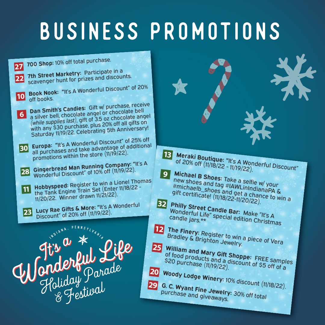 🎄Check out these Holiday Festival Weekend specials from our #DowntownIndiana business community!   November is the perfect time to #ShopLocal 🛍️ in Indiana, PA.

#ItsAWonderfulLifeInIndianaPA #SupportLocalBusinesses