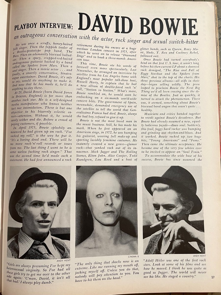 heywildrich's tweet photo. September 1976 Playboy Magazine:

David Bowie explains why he believes in fascism and says Adolf Hitler was, "one of the first rock stars." 

I own two copies of Playboy, the Bowie issue, and the March 1990 issue featuring Donald Trump on the cover. https://t.co/GTMkTfFwaj