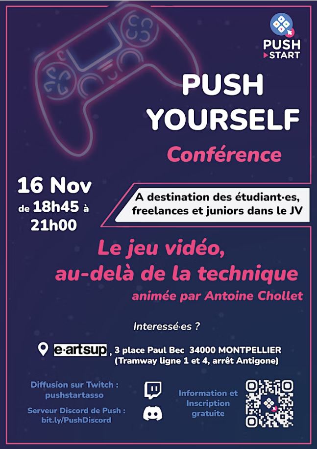 Ce soir à 19h00, je fais une conférence sur la chaîne Twitch de <a href="/PushStartGame/">Push Start</a> sur "Le jeu vidéo : au de-là de la technique" #jeuvidéo #jeu <a href="/eartsup/">e-artsup</a> <a href="/LABOMRM/">Laboratoire MRM</a>