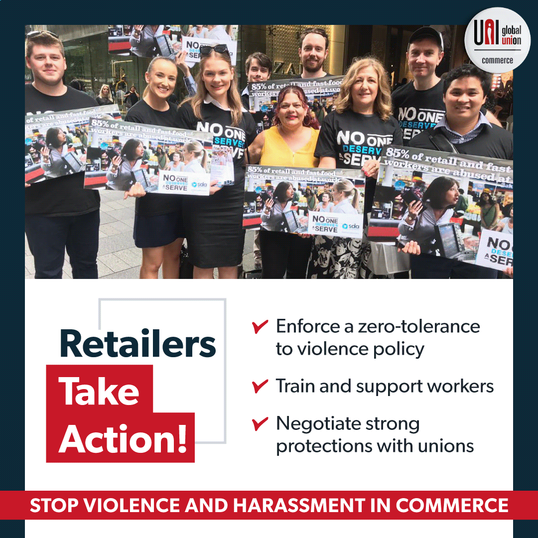 RWDSU's tweet photo. Today we join @uniglobalunion and unions all across the world to mark a Global Action Day on Violence and Harassment! Retail workers worldwide are experiencing increased violence on the job, and it’s unacceptable. #NoStoreForViolence https://t.co/fxJ2XbN6Sg