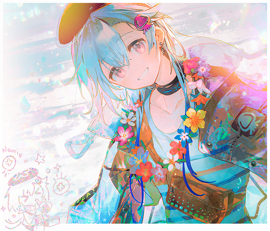 1boy male focus smile hat beret blue hair shirt  illustration images