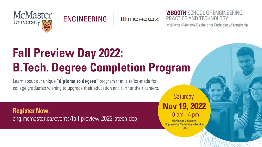 SenecaPathways's tweet image. Want to further your education in Engineering? 🏗️

Join McMaster University on Saturday November 19th to learn about the Bachelor of Technology Degree Completion Programs on their beautiful campus. 

Register here below: 
eng.mcmaster.ca/events/fall-pr… 

#SenecaPathways