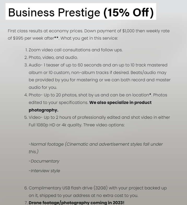 Featured Service: Business Prestige 🛍️🛒🧐

First class results at economy pricing. Our most media rich offering. Excellent choice for small businesses looking for media to use in marketing.

#entrepreneurship
#marketing
#businesstips
#smallbusinesssupport
#supportlocal