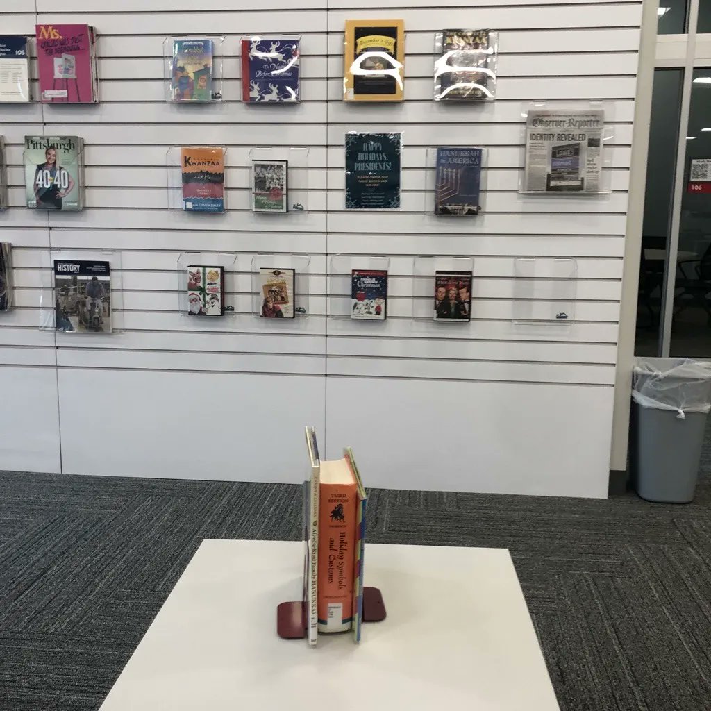 wjclarklibrary's tweet photo. Between the snow yesterday and the tree lighting this evening, it's beginning to feel a lot like the holiday season! Check out an array of holiday books and movies celebrating Christmas, Hanukkah, and Kwanzaa in Read &amp; Relax now through finals! #happyholidays #prezpride https://t.co/udaXa3pATe