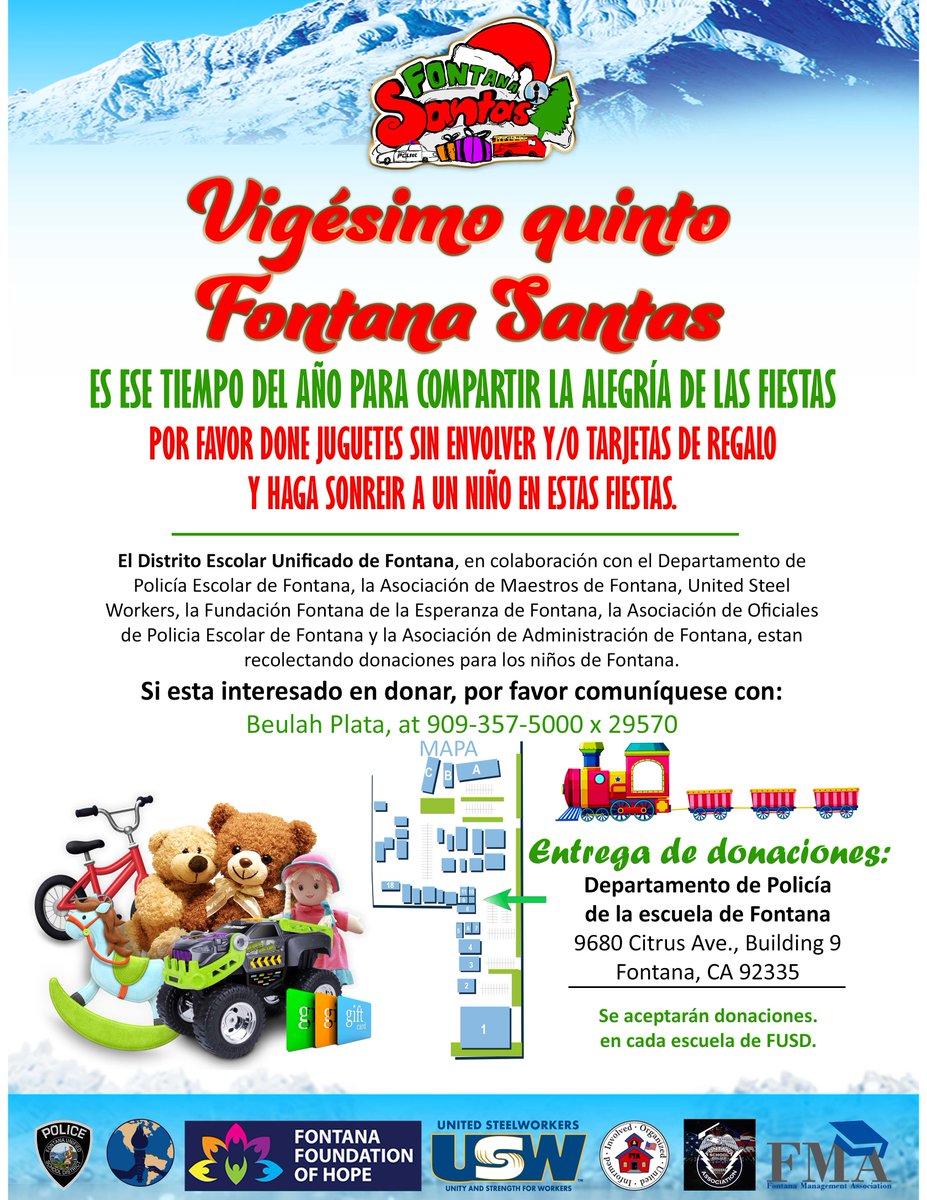 FontanaUnified's tweet photo. Please join FUSD in making Christmas merry &amp; bright for Fontana families in need!  If you're interested in donating toys, gift cards, or volunteering, please visit our website or drop off your donation to Fontana School Police or your school office.  
https://t.co/jaVhg2W7F7 https://t.co/IzHb7rXLJc