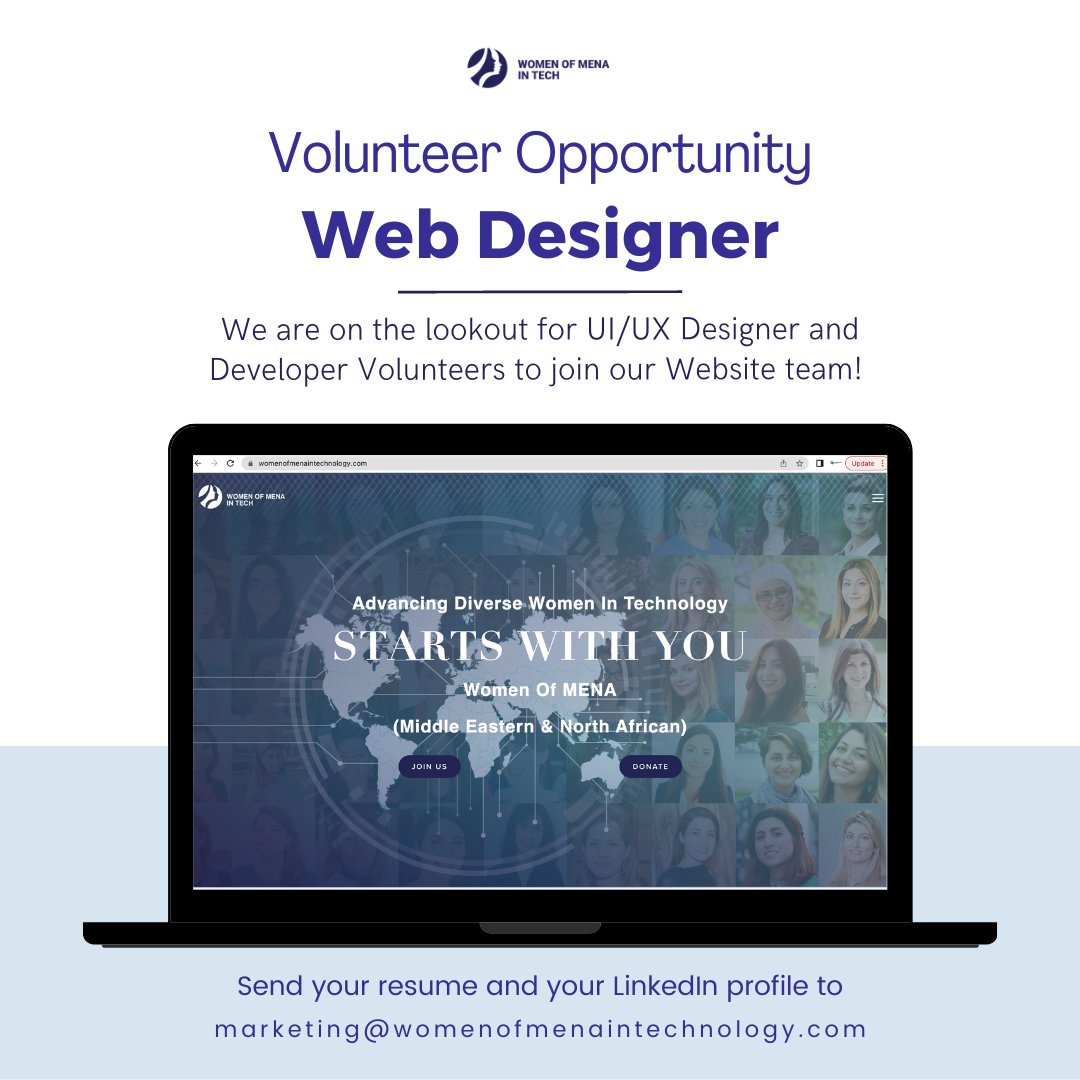 WOMENAinTech's tweet photo. 💻Are you interested in expanding your network, paying it forward, and unlocking a new set of opportunities?
Our #website team is looking for #UI/UX #Designer, #Visual_Designer & #web #developer.
Send your resume, portfolio &LinkedIn to marketing@womenofmenaintechnology.com. https://t.co/kOnwukLRPB