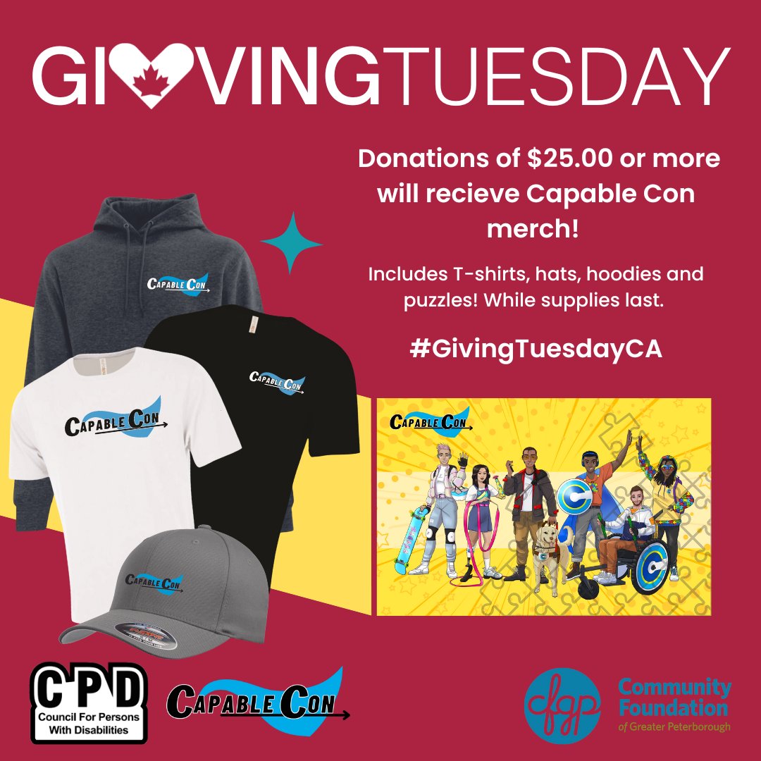 PTBOCPD's tweet photo. This year donations of $25+ will receive Capable Con merch! This includes T-shirts, hats, hoodies, and puzzles! You don't have to wait until the 29th to donate as supplies are limited!
Donate Today! https://t.co/3UEfn2Mkdp
#GivingTuesdayCA #WhyIGiveCPD #cpd #CapableCon https://t.co/bvP6QcvXex