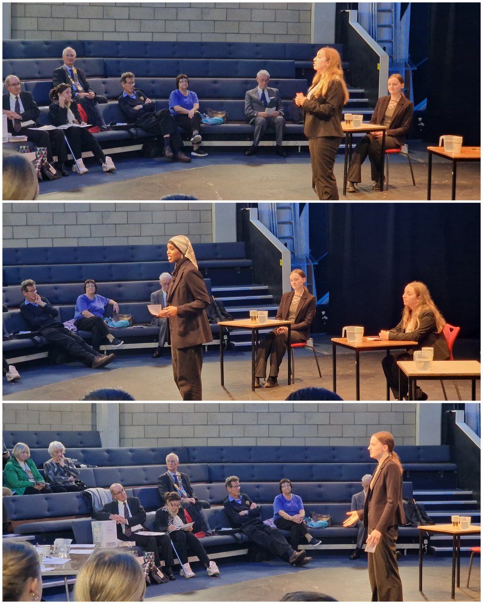 RedmaidsEnglish's tweet photo. Here is the other Year 12 senior team in action! Maddy, Muznah and Ffion's topic was "Space Exploration is a Waste of Money" - an intriguing take on the use of resources. An electric performance filled with Star Trek puns, they came a very close 2nd place with 95/100 points! 👏👏 https://t.co/pqDKofEOYN