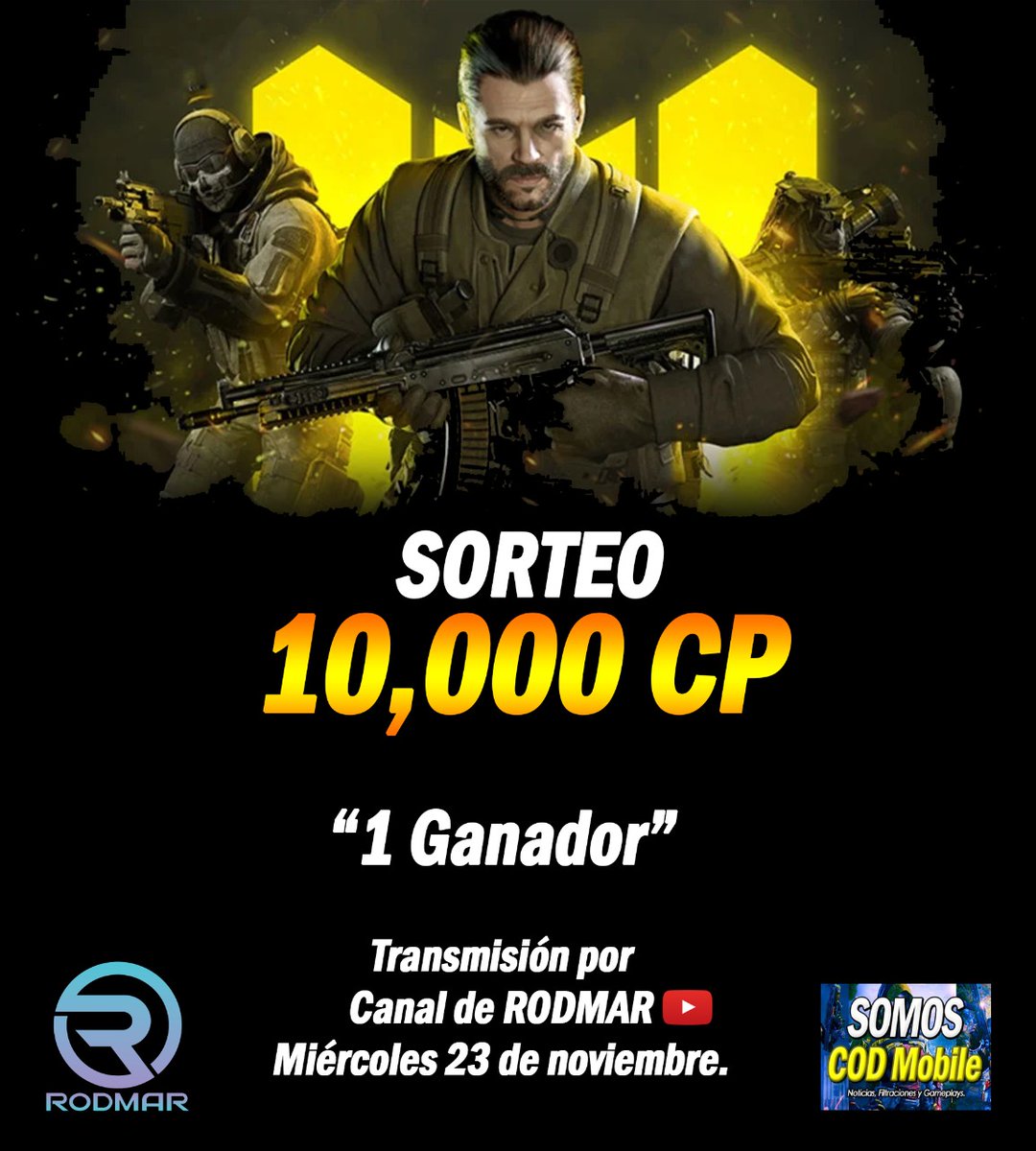 SORTEO, SORTEO, SORTEO!! 💥

10,000 CP para 1 Ganador. 😱💪

Link para participar:
youtu.be/AvQixCkSAa0

El ganador se dirá el 23 de noviembre. Suerte a todos. 🙏

#CODMobile #callofduty #Callofdutymobile #gamersrd