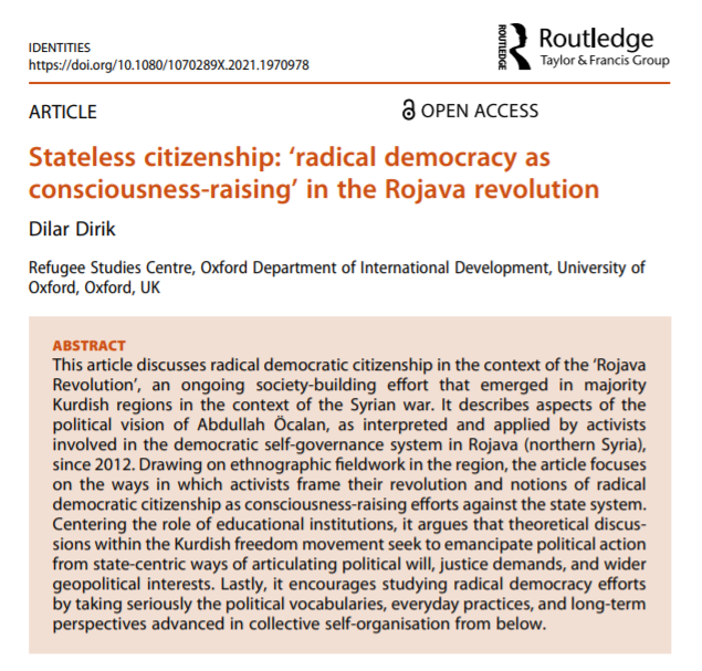 From #Identities, with #OpenAccess:

'Stateless #citizenship: ‘#radical democracy as consciousness-raising’ in the Rojava revolution' by @Dlrdrk1 

@NasarMeer @aaronzwinter @sophysteria @AkwugoEmejulu @Routledge_Socio 

#stateless #OA

Read it here ➡️
doi.org/10.1080/107028…