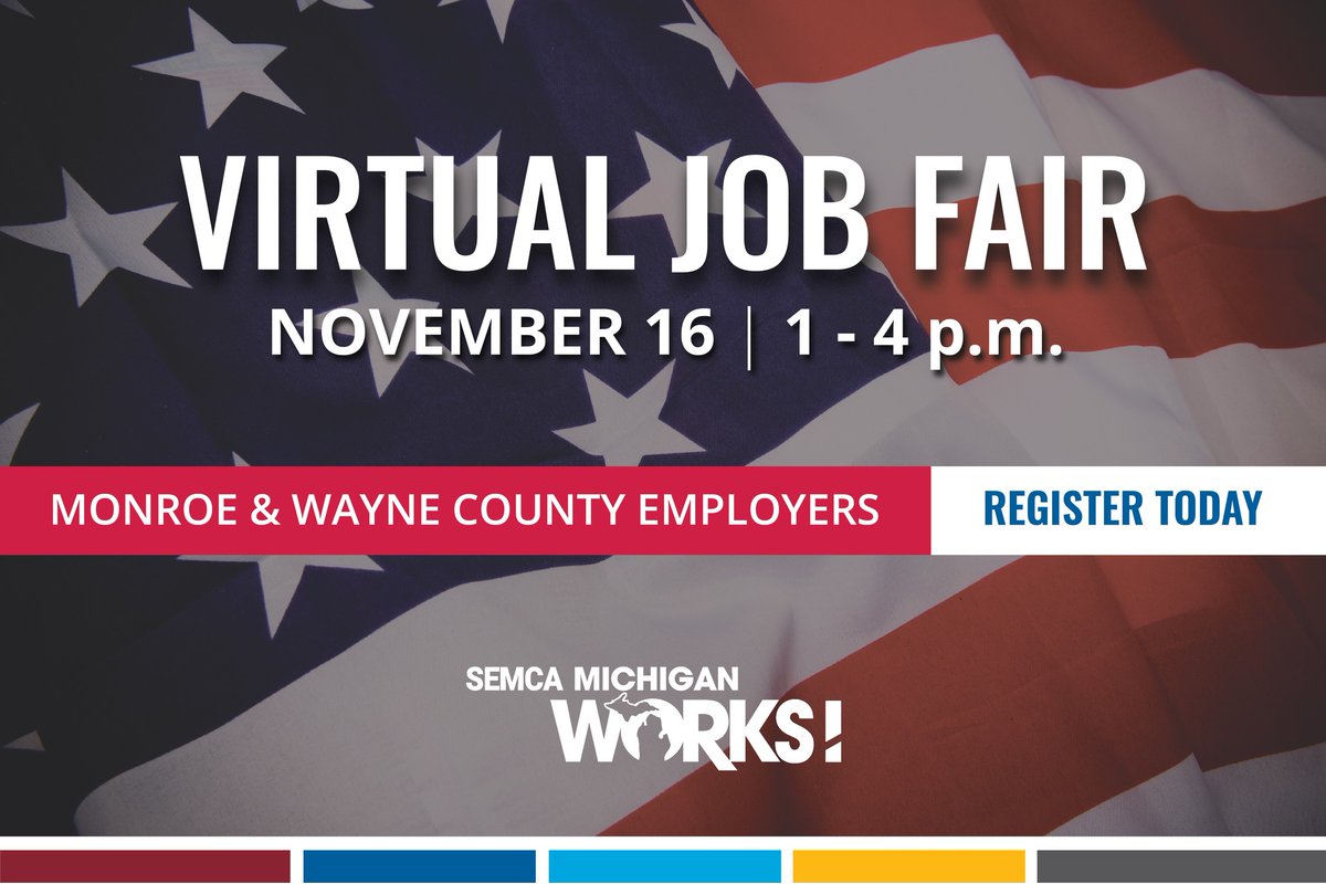 There's still time to attend SEMCA's 
special Veterans and Apprenticeship
Virtual Job Fair

Today | 1 - 4 p.m.
REGISTER NOW ⬇️
bit.ly/SEMCA_VJF1122

Join 30+ Monroe and Wayne County employers
for the opportunity to find your new job.

LEARN MORE ⬇️
SEMCAMiWorks.org/VJF