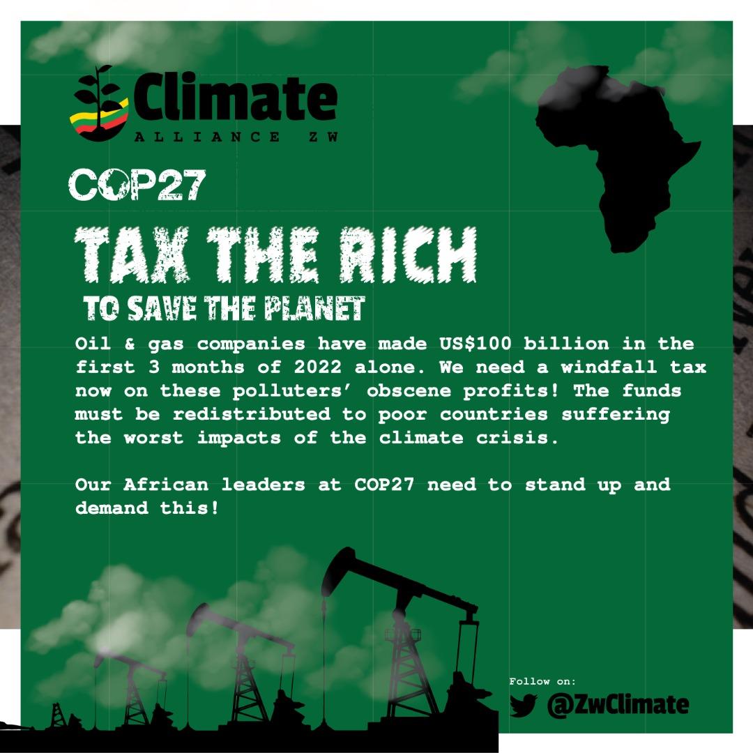 Advocates4Earth's tweet photo. Tax The Rich To Save The Planet!

Oil &amp; gas companies made US$100 billion in the first 3 months of 2022. We need a windfall tax on polluters’ profits! Funds must be redistributed to poor countries suffering from the #climate crisis.

African leaders at #COP27 must to demand this! https://t.co/hck6KZARik