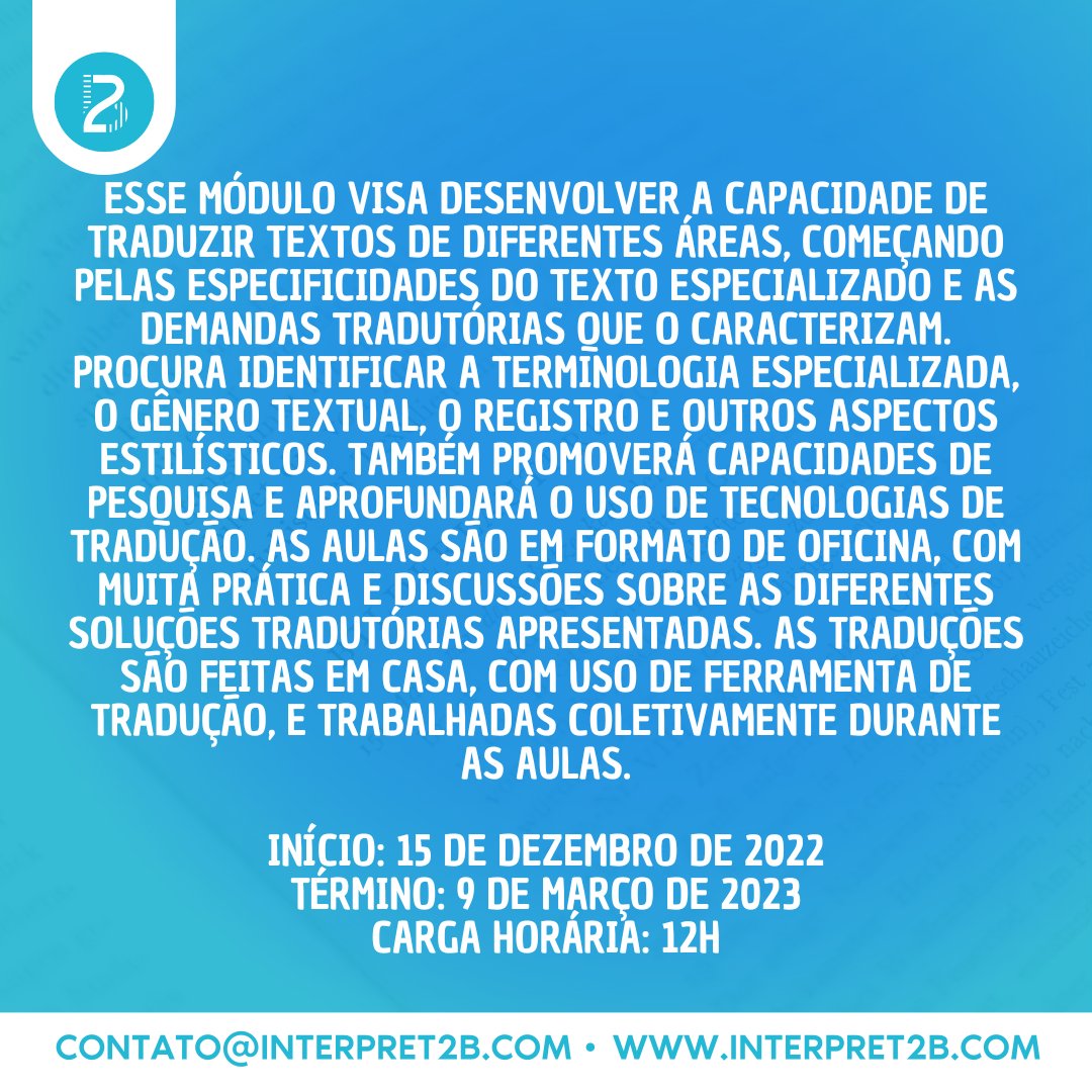 Interpret2b's tweet photo. Módulo de Tradução Especializada com o professor Marcelo Neves

Para mais informações, acesse nosso site https://t.co/ogKZz3f5vM ou nos contate pelo e-mail contato@interpret2b.com.

#interpret2b #i2b #cursodetradução #traducao #traducaoespecializada https://t.co/91tXfr43IQ