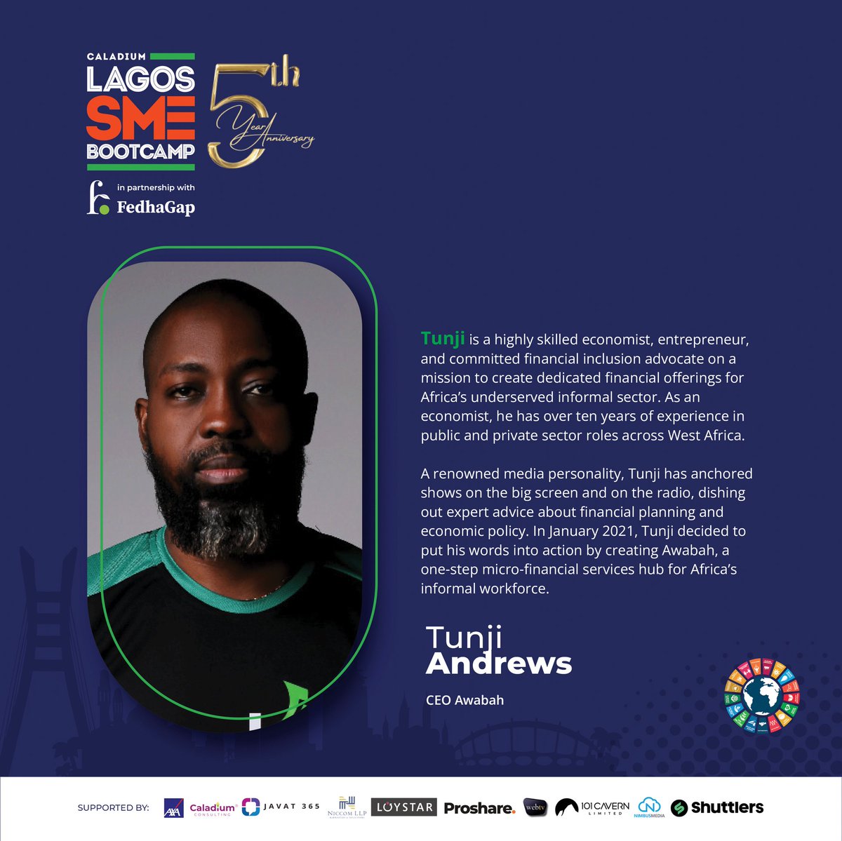 LagoSMEbootCamp's tweet photo. Meet our Speaker👏🏽
 
Tunji Andrews is the Founder and CEO of Awabah. Highly skilled economist with over 10 years of experience across sectors in Africa

@TunjiAndrews will be speaking at our #CLSME5thAnniversary Bootcamp panel to lend his financial industry knowledge to SMEs. https://t.co/eVpJprrqOO