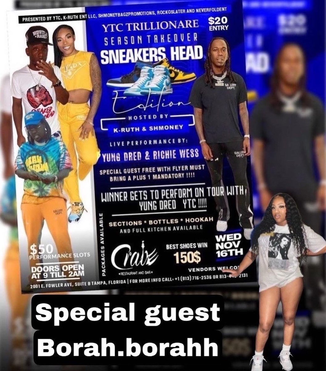 Kruthofficial's tweet photo. S/o TO ALL THE SEXY LADIES PULLING UP TONIGHT @ CRAVE FOR LYRICAL CAFE WITH THE FRESH KICKS 👟🔥150$ Cash Giveaway‼️ TO THE BEST SHOES POP OUT
#ytc4life
20$ Entry
Doors Open At 9
Best Wings In Town @zamarrestaurants
813.445.2131 or (813) 716-2536 https://t.co/xgG6tEbd3c