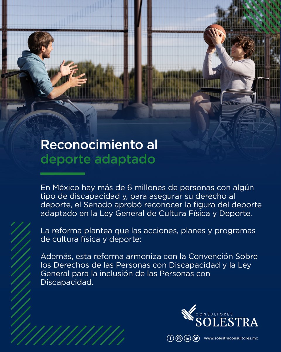 SolestraMx's tweet photo. ¿Conoces la Ley General de Cultura Física y Deporte? Recientemente el Senado aprobó reconocer la figura del deporte. 🏃🏻♂️
#SolestraMX #Inclusion #Deporte #Fisico #Defensa #Derechos #Discapacidad https://t.co/PWnEBQRKjX