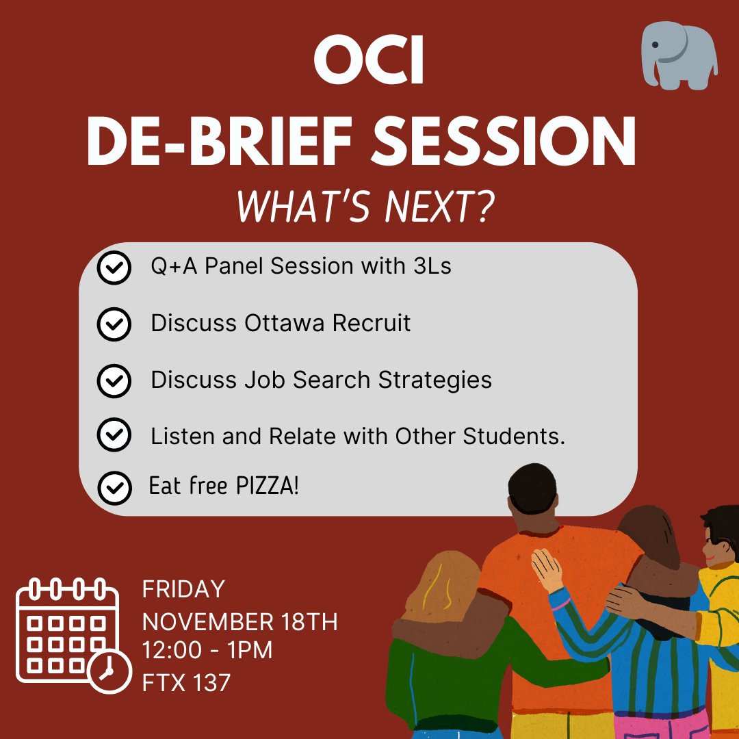 NEW DATE! Join us on Friday to de-brief the entire OCI process. 

2Ls we understand that this is an overwhelming time. You're trying to secure a job for the summer and exams are around the corner. 

Come eat pizza and discuss with other students.

We are here for you.