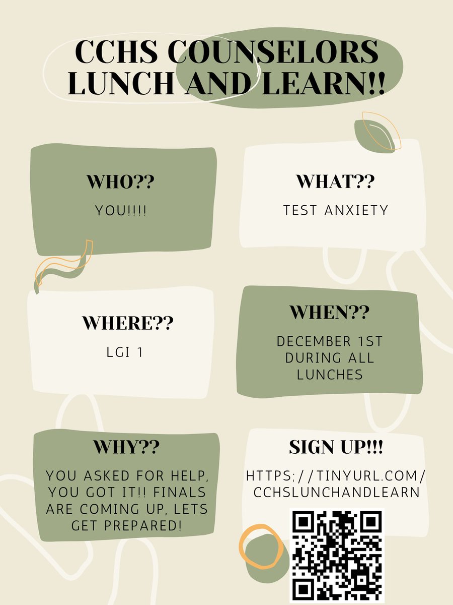 Cycreekcounsel's tweet photo. ATTENTION CY CREEK STUDENTS!! The counseling dept will be holding another lunch and learn on 12/1 over test anxiety! Sign up now as it is first come first served! ๐๐พ๐ @CyFairISD @cycreekhs @CougarProd1 #prepareforfinals #copingskills #mentalhealthishealth https://t.co/RxOGYH1phf