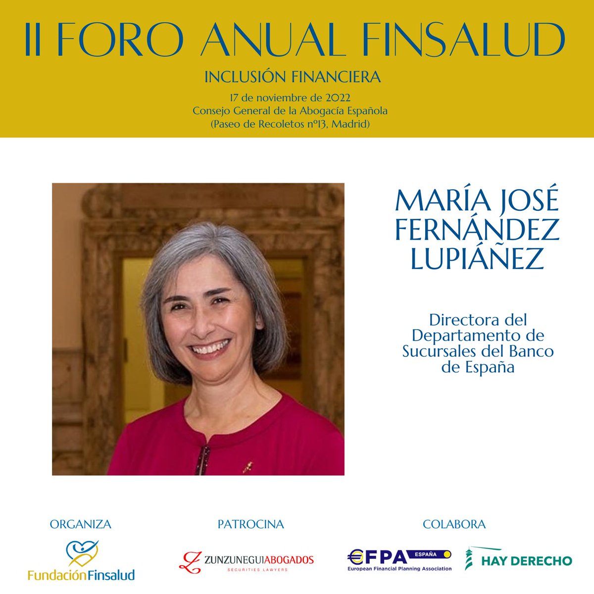 Finsalud_'s tweet photo. 🔎 PONENTE – María José Fernández Lupiáñez, Directora del Departamento de Sucursales del 
@BancoDeEspana . Licenciada en Derecho por la Universidad de Granada, ingresó como técnico en el Banco de España en 1991. Ha trabajado en diversas áreas de esta institución. https://t.co/Ibn4NfPf3G