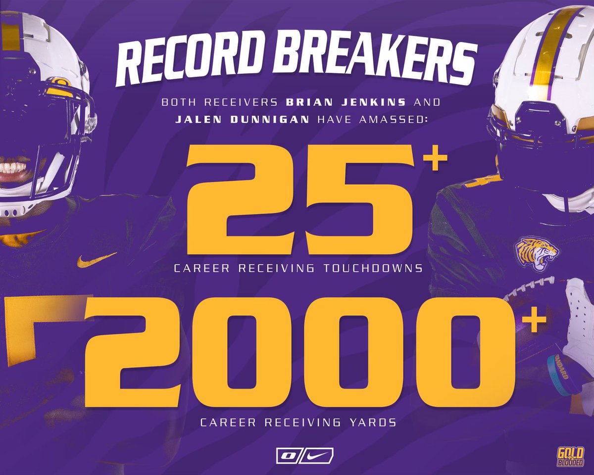 🚨Record Breakers🚨 Congratulations to Brian Jenkins and Jalen Dunnigan on passing the 25 receiving touchdown and 2000 receiving yards mark. They currently are the top two touchdown scorers in program history👏👏 #GoldStandard