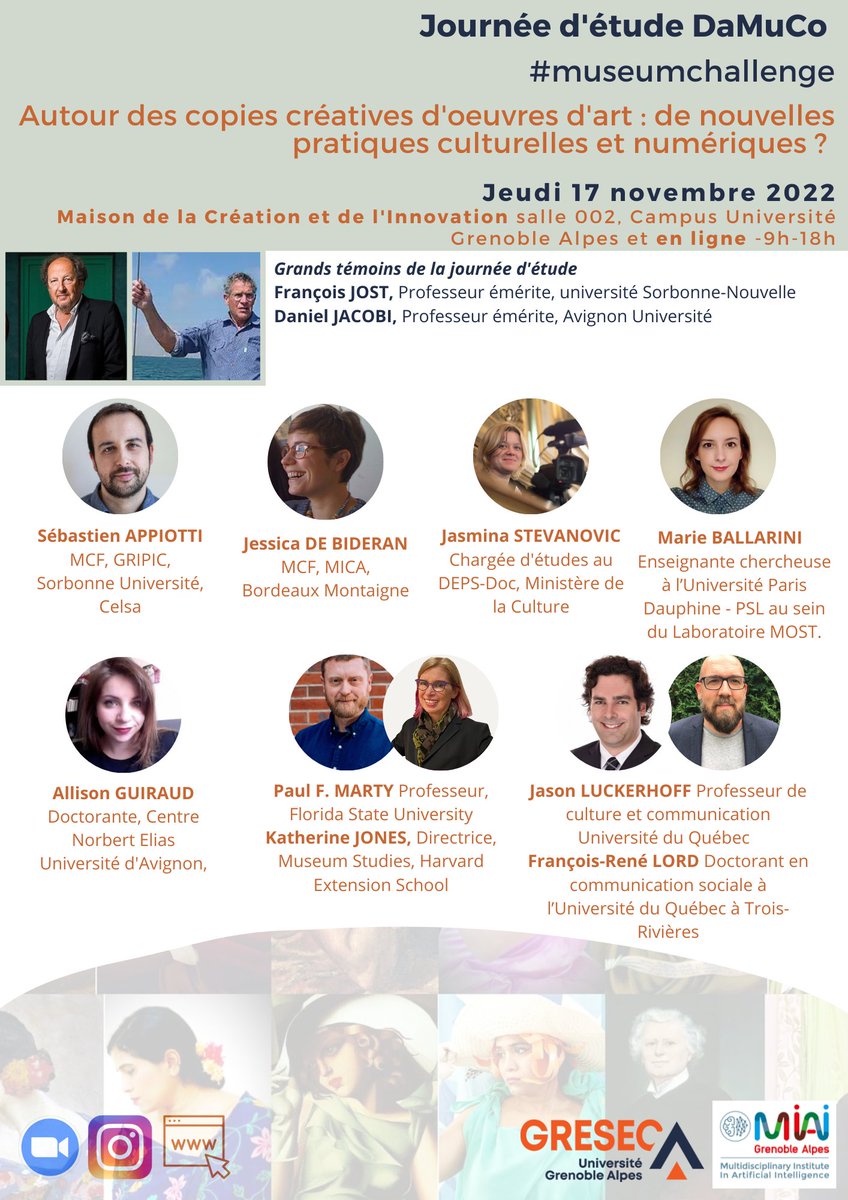 La journée d'étude "#museumchallenge. Autour des copies créatives d'oeuvres d'art ", c'est demain à Grenoble et en ligne !

Informations pratiques de cet événement co-organisé par <a href="/Acolandre/">Florence Andreacola</a>, <a href="/MChBordeaux/">Marie-Christine Bordeaux</a> et M.-A. Molinier : projetdamuco.hypotheses.org/journee-detude