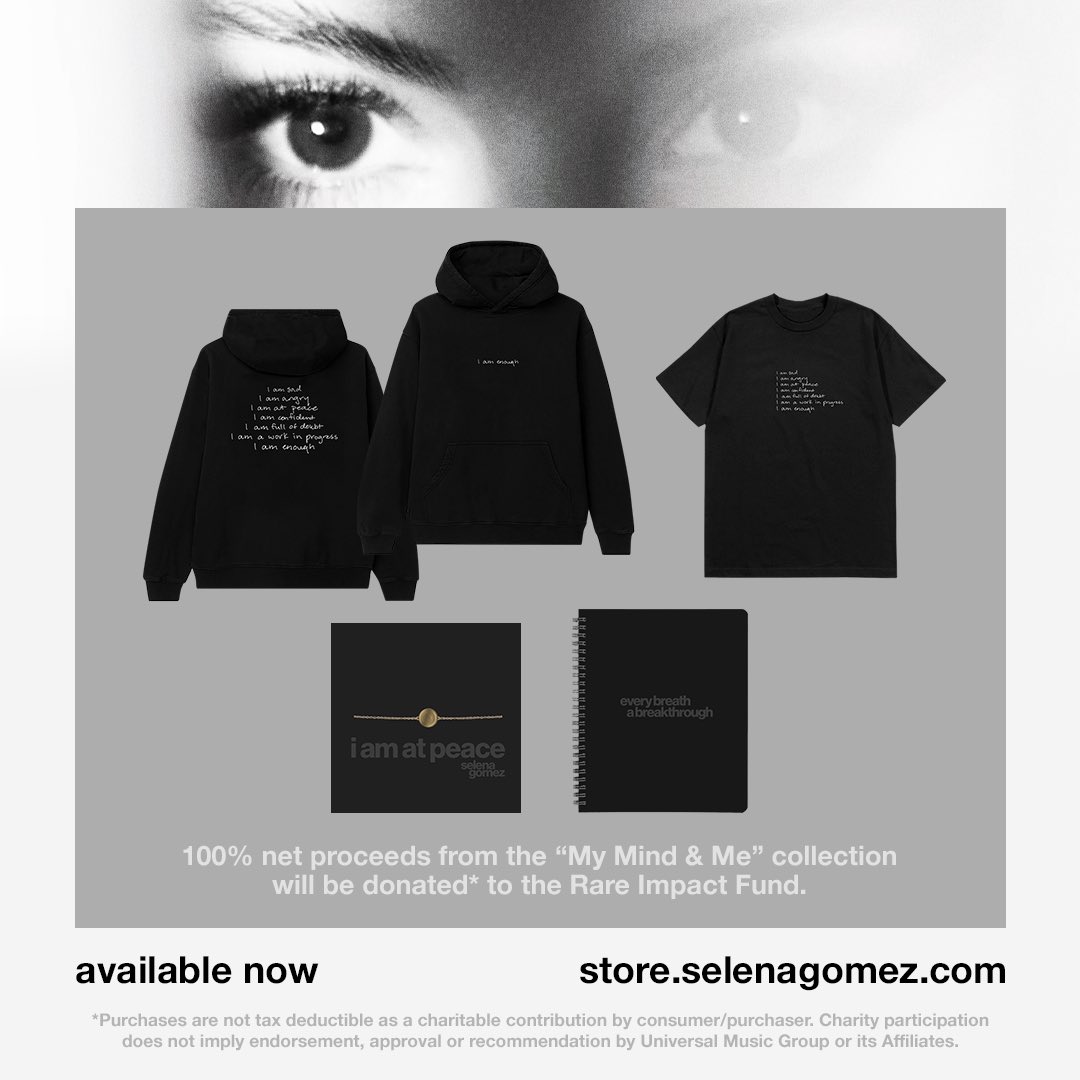 SelenaFanClub's tweet image. Selena’s new #MyMindAndMe merch collection is out now! 100% of net proceeds will be donated to the Rare Impact Fund to give people the access they need to support their mental health 🤍