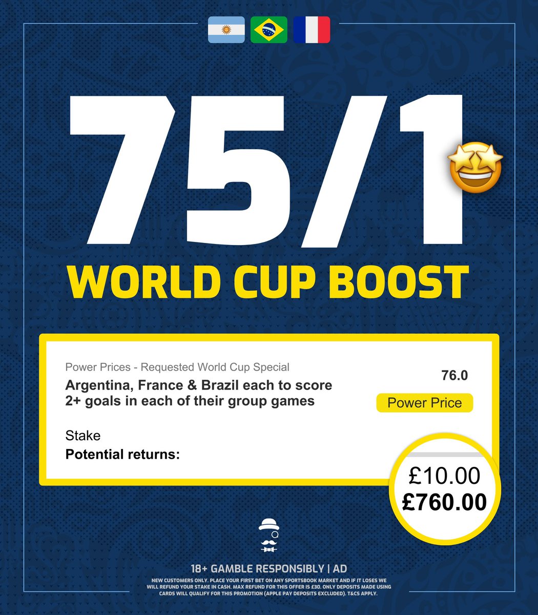 AndyRobsonTips's tweet photo. 🏆 75/1 WORLD CUP BOOST

Load: https://t.co/c880DJocwT

🏟️ In every group match:

🇦🇷 Argentina score 2+ goals

🇧🇷 Brazil score 2+ goals

🇫🇷 France score 2+ goals

Get a Paddy Power account set up for this exclusive boost: https://t.co/wHQWglbsjp

18+, gamble responsibly, ad. https://t.co/lDp1Ya8ZOf