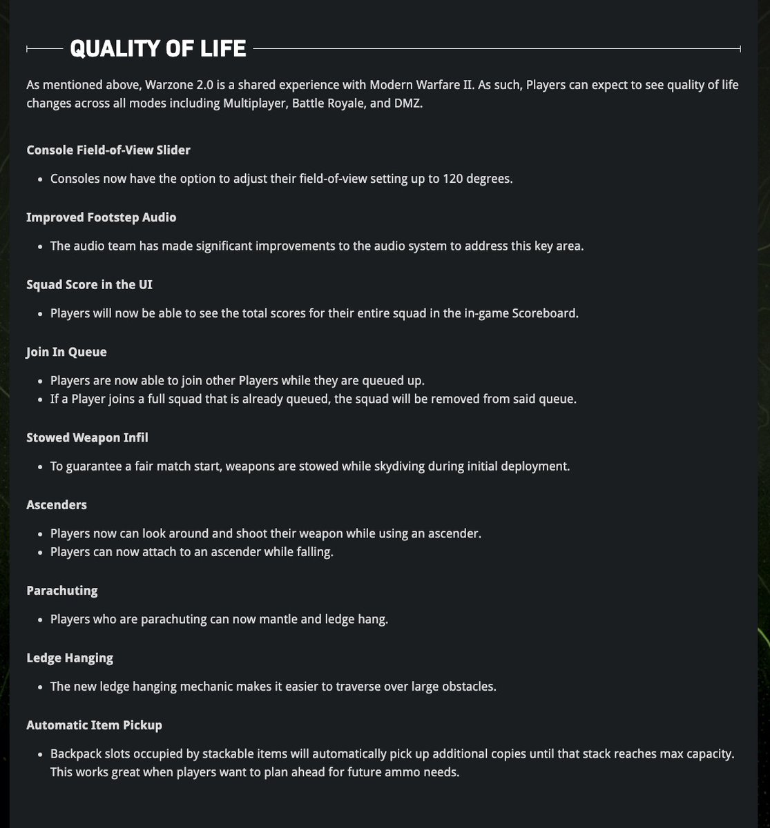 charlieINTEL's tweet photo. Here's some of the Quality of Life Updates for Warzone 2 https://t.co/LQx6FcWVbw