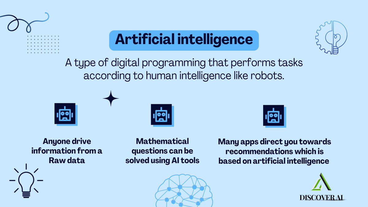 Artificial intelligence.
A type of digital programming that performs tasks according to human intelligence like robots.
<a href="/DiscoverAI24/">DiscoverAI</a> 
#ArtificialIntelligence #100daysofcodingchallenge #MachineLearning