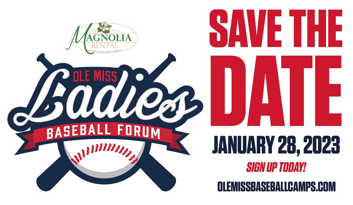 The Magnolia Rental Ladies Forum is right around the corner. Come spend the day with your 2022 #NationalChamps! ⚾️ Sign up before January 1 using the promo code OMBSBLF23 for $25 off registration. Spaces are limited so reserve your spot today at olemissbaseballcamps.com! ✍️