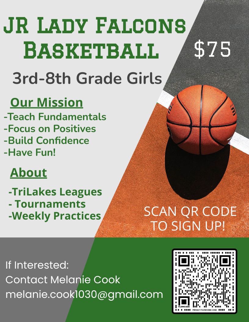 Jr. Lady Falcons are having an informational player/parent meeting for any 3rd-8th grade girls interested in playing this winter. 

📅November 28, 2022
⌚️6:00pm
📍Blair Oaks High School Cafeteria