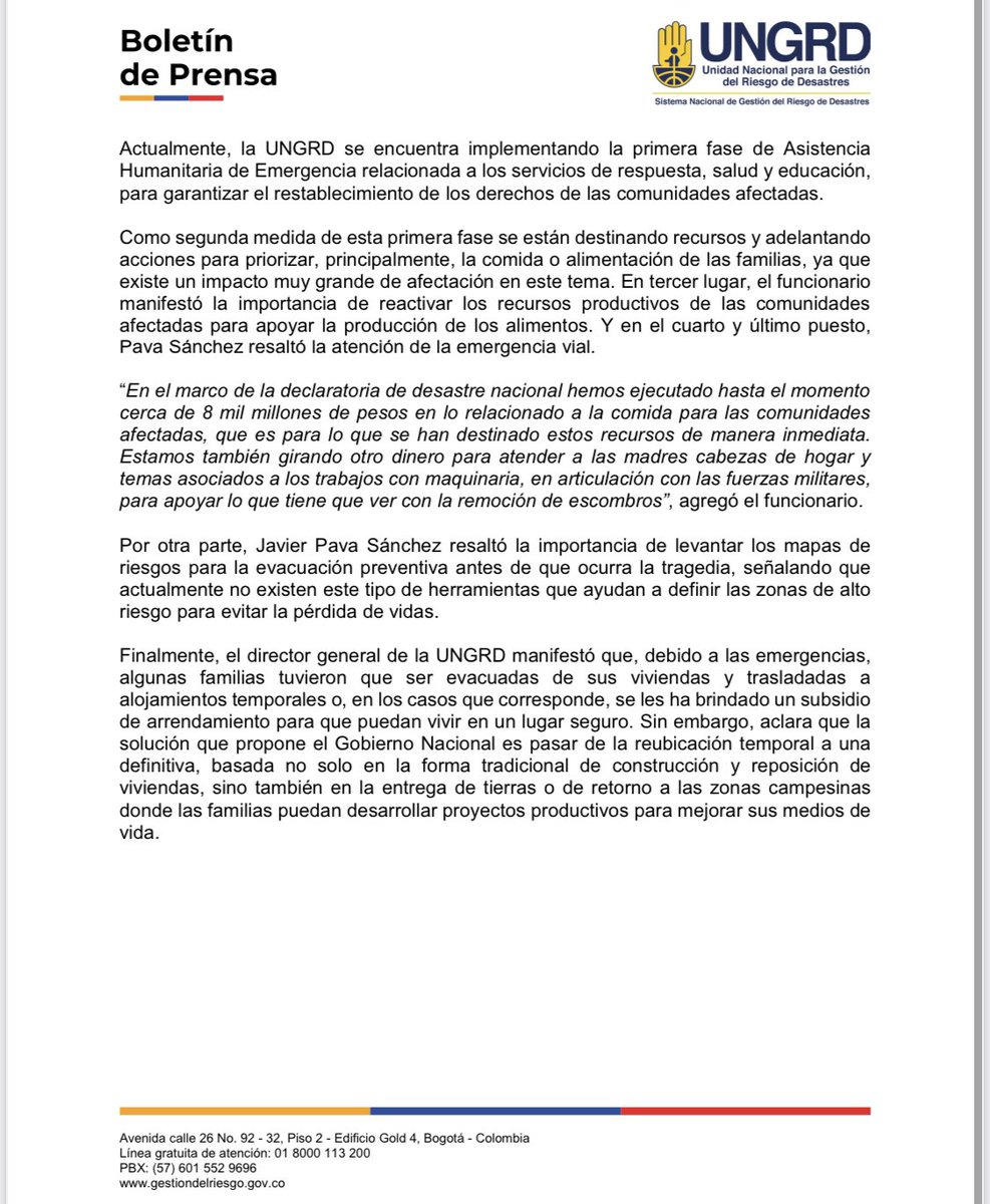 UNGRD's tweet photo. #BoletinDePrensa

“Cerca de 8 mil millones de pesos se han ejecutado para restablecimiento de derechos de población afectada por #TemporadaDeLluvias ”: Dir. @UNGRD , @javier_pava_s en entrevista para @WRadioColombia https://t.co/c2VXvE8jhR