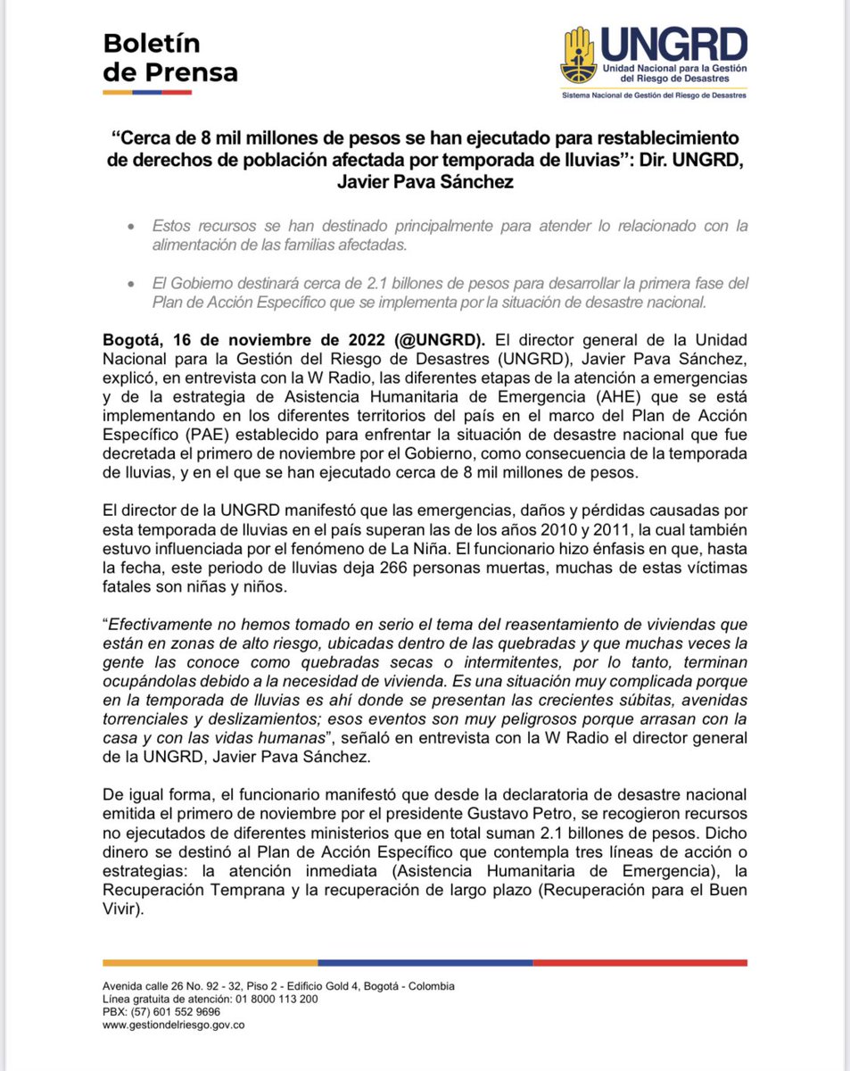 UNGRD's tweet photo. #BoletinDePrensa

“Cerca de 8 mil millones de pesos se han ejecutado para restablecimiento de derechos de población afectada por #TemporadaDeLluvias ”: Dir. @UNGRD , @javier_pava_s en entrevista para @WRadioColombia https://t.co/c2VXvE8jhR