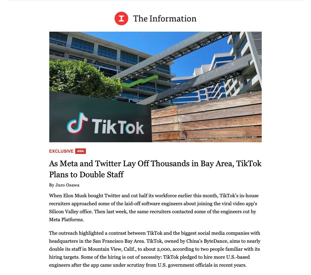 Mientras que Twitter y Meta despiden empleados por aquí y por allá, TikTok se fortalece. 

Dos gigantes de la comunicación están cayendo.