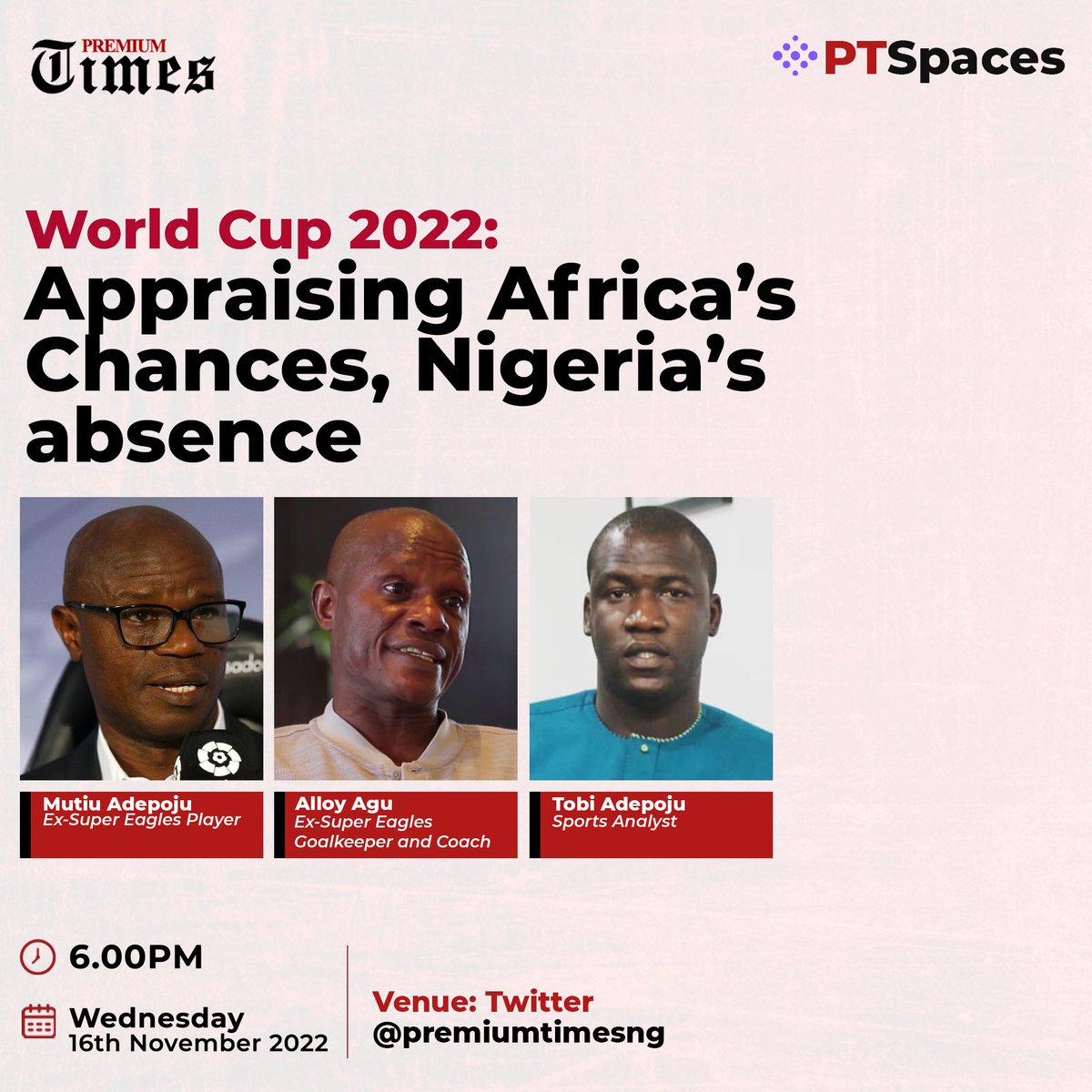 PremiumTimesng's tweet photo. #PTSpaces: Hop in let's discuss football! 

Click the link below to join.
@MojeedAlabi, @MutiuAdepoju8 https://t.co/rr8PiSirub https://t.co/q1dNO4Vb0p