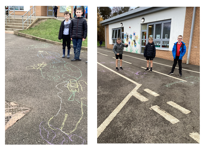 MissBurke11's tweet photo. Outdoor Learning with a French twist today! Introducing our new vertical groups, P4-7 here! The children listened and played games to learn the French for the body and clothing.  Then, we used chalk to draw people and label them in French. Superb effort from all! 🇫🇷👌 https://t.co/eRcrS29inH