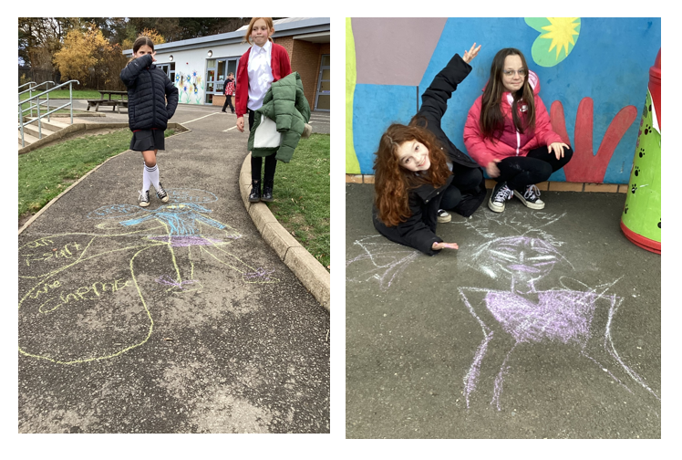 MissBurke11's tweet photo. Outdoor Learning with a French twist today! Introducing our new vertical groups, P4-7 here! The children listened and played games to learn the French for the body and clothing.  Then, we used chalk to draw people and label them in French. Superb effort from all! 🇫🇷👌 https://t.co/eRcrS29inH
