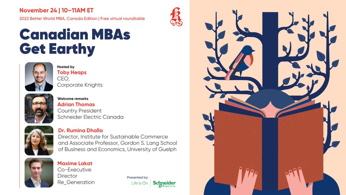 Nov 24 at 10AM ET | What will it will take for Canadian business schools to close the gap between what’s taught in #MBA programs and what’s required of the global business community in the shift to a #greeneconomy? With @tobyheaps & @Rumina_Dhalla corporateknights.com/events/mba-can…