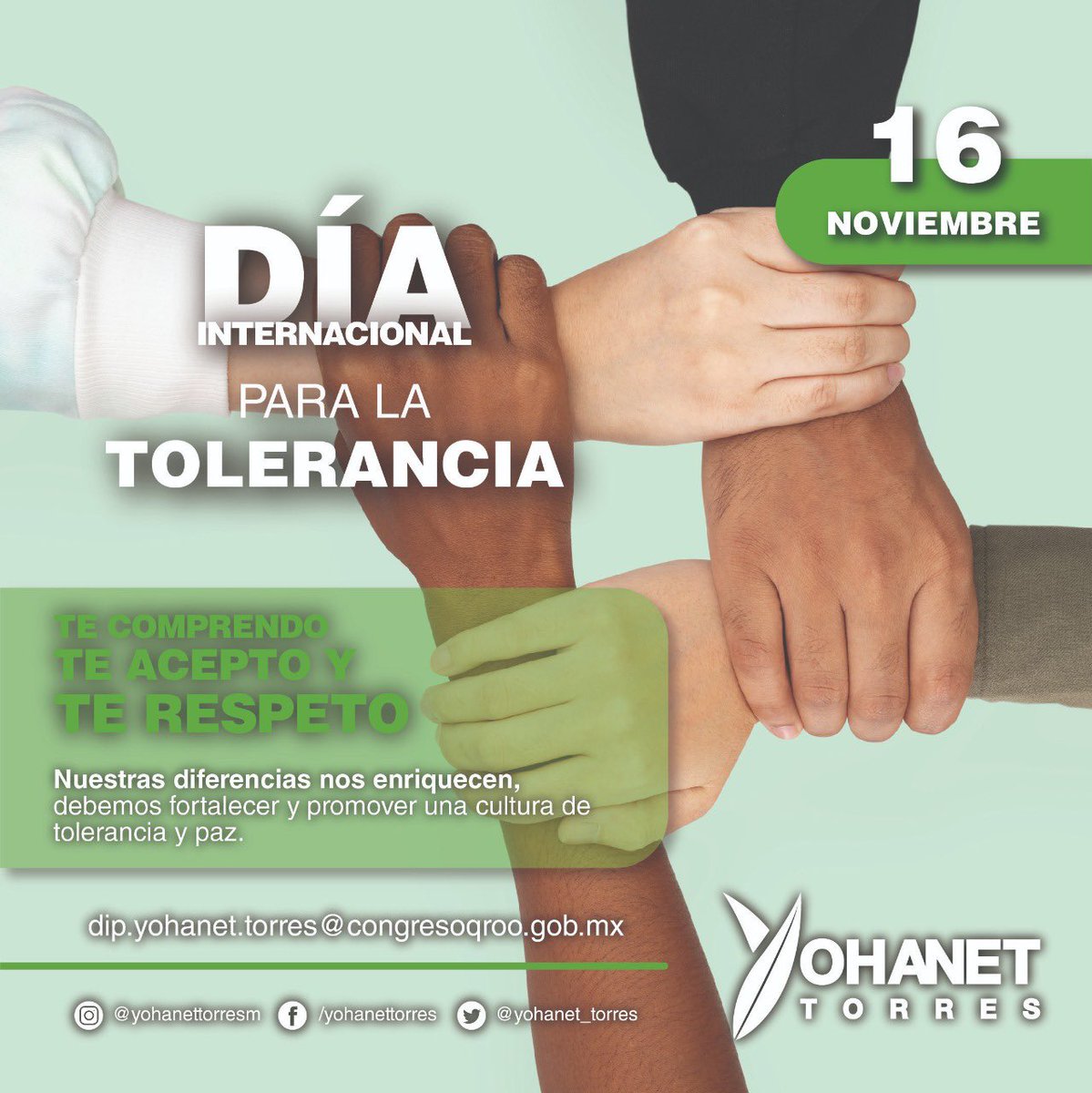 yohanet_torres's tweet photo. La tolerancia es el respeto que ofrecemos a los demás desde el amor aceptando que las diferencias nos enriquecen. Eso beneficia a todos los grupos y comunidades generando armonía en nuestro entorno. #DíaInternacional para #LaTolerancia. #TeComprendo #TeAcepto #TeRespeto https://t.co/Jhh4c9FBRO