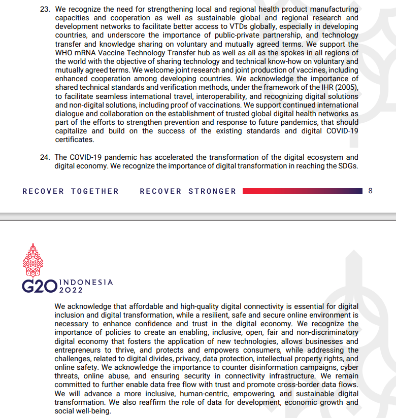 PeppeBille's tweet photo. Comunicato finale ufficiale del G20.
Al punto 23 pass sanitario in tutto il mondo. 
Al punto 24: "Riconosciamo l'importanza di contrastare le campagne di disinformazione, le minacce informatiche, gli abusi online e garantire la sicurezza nell'infrastruttura di connettività". https://t.co/Ufljqt2iWN