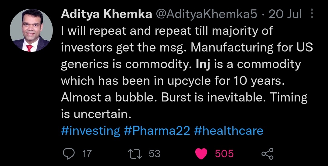 DrMidhuncs's tweet photo. @anil_tummidi @unseenvalue @ishmohit1 @DrdhimanBhatta1 Past margins can't be extrapolated into future. Injectable US generics may also face competition as supply increases. This may also become commodity like business.

May be, @AdityaKhemka5 sir can guide more. 

(Not talking about inhalational anaesthesia &amp; intrathecal therapy) https://t.co/H3IOjfpwHS