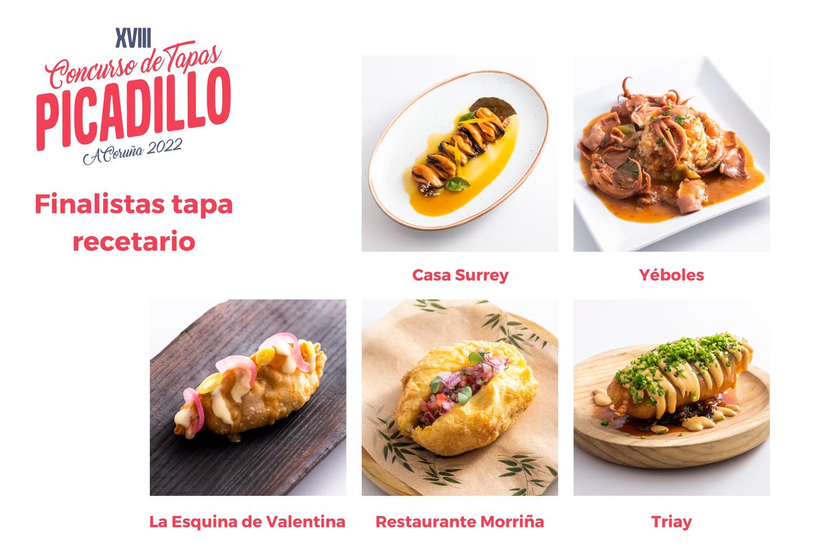 ¡Estos son los finalistas de #TapasPicadillo!

Tapas Recetario Picadillo:
🍴 Casa Surrey
🍴 Restaurante Morriña
🍴 Taberna Triay
🍴 Yéboles
🍴 La Esquina de Valentina

#VisitCoruna #SaboreaACoruña