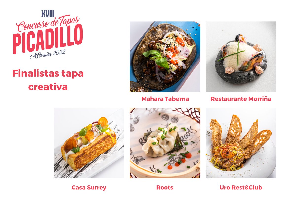 Tapas Creativas:
🍴 Casa Surrey
🍴 <a href="/rootscoruna/">RootS</a>
🍴 Mahara Taberna Rock
🍴 Restaurante Morriña
🍴 Uro Rest&amp;Club

¡Enhorabuena a todos! Muy pronto sabremos los ganadores🏆👀

#VisitCoruna #SaboreaACoruña #TapasPicadillo