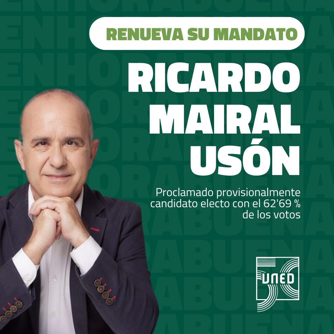 UNED's tweet photo. 📢 ¡Ya conocemos los resultados de las elecciones a rector!

Ricardo Mairal ha sido declarado provisionalmente candidato electo tras obtener en primera vuelta el 62'69 % de los votos frente al 37'30 % de @souto_esther.

🔗 https://t.co/K85pwlqGV7

¡Enhorabuena!

#UNED50 https://t.co/WxzVQ5xA9t
